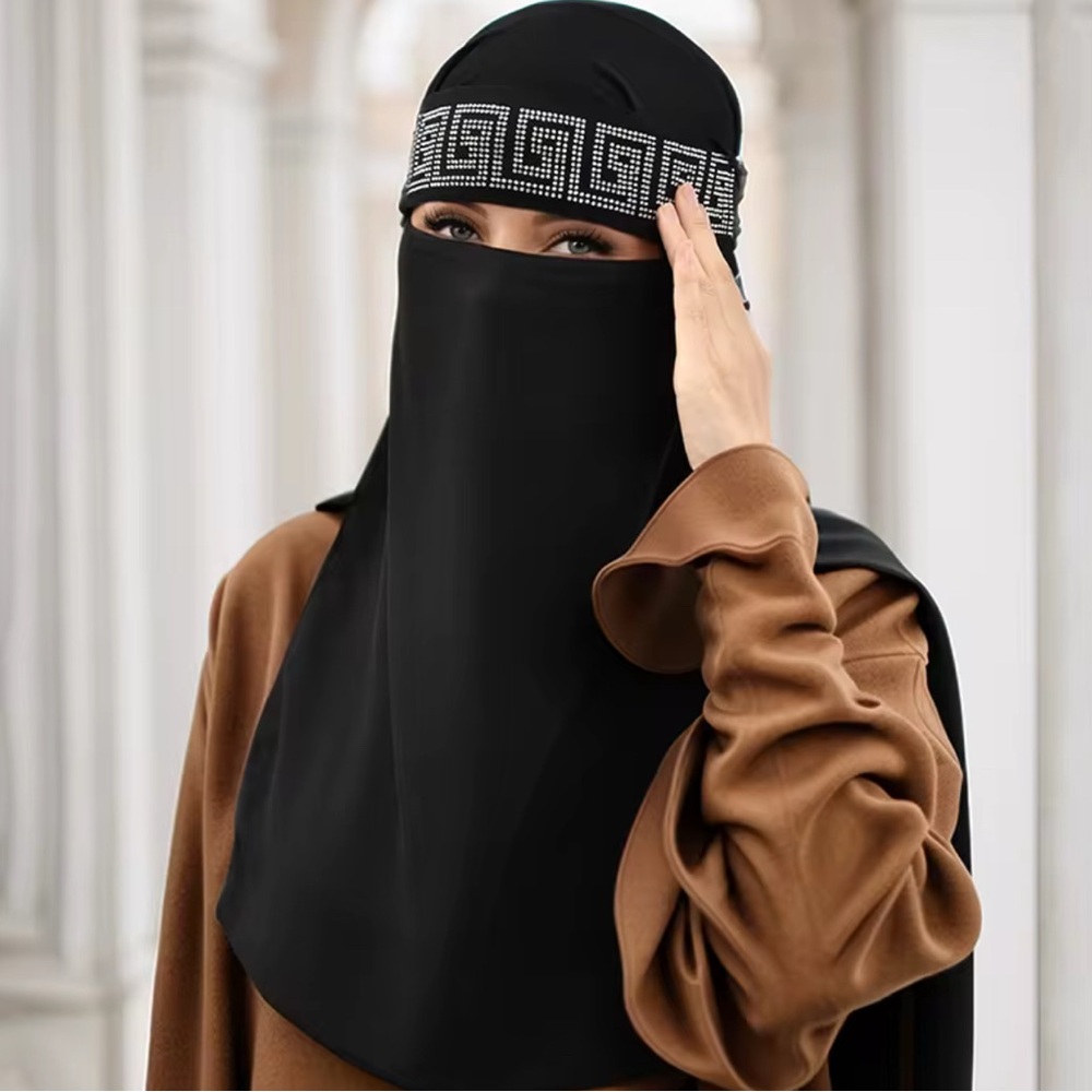 Black Modest Niqab with Unique Embellished Rhinestone Headband.